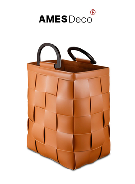 爱美仕家居欧式复古橙色皮革编织格纹脏衣服收纳篮带把手提脏衣篓