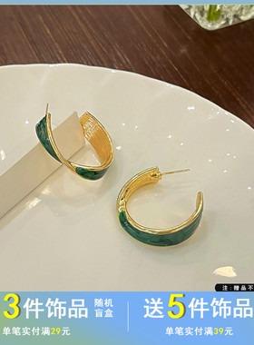 觅韩S925银针复古港风气质C字耳钉时尚个性耳饰不规则耳环女4289