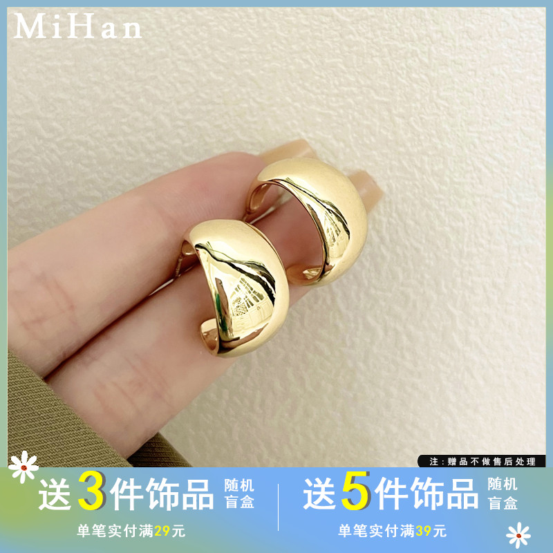 觅韩S925银针欧美简约金属感宽面C字耳圈气质朋克嘻哈风耳环7071