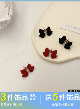 S925银针日韩国甜美蝴蝶结耳钉少女红色耳环气质网红ins风耳夹503