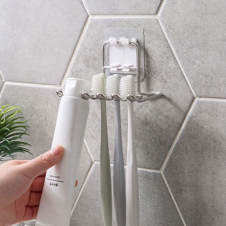 自创不锈钢吸盘牙膏架多功能吸壁式厨房浴室牙刷架创意剃须刀架子