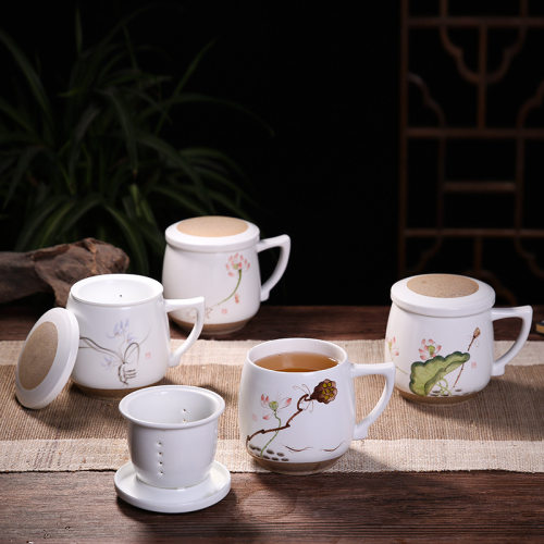 朋寄景德镇中式茶杯陶瓷带过滤亚光自在杯骨瓷三件套茶杯定制logo