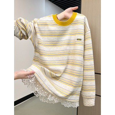 蕾丝拼接条纹卫衣女春秋款2025新款爆款韩系圆领打底衫假两件上衣