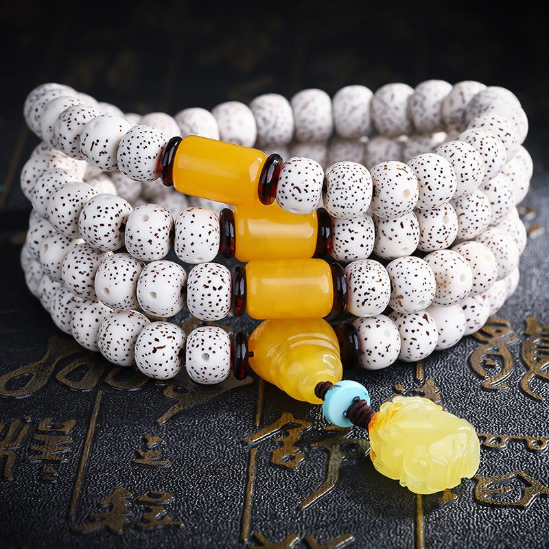 妍韵珠宝 108颗星月菩提绿松石蜜蜡琥珀貔貅吊坠文玩木手串把件