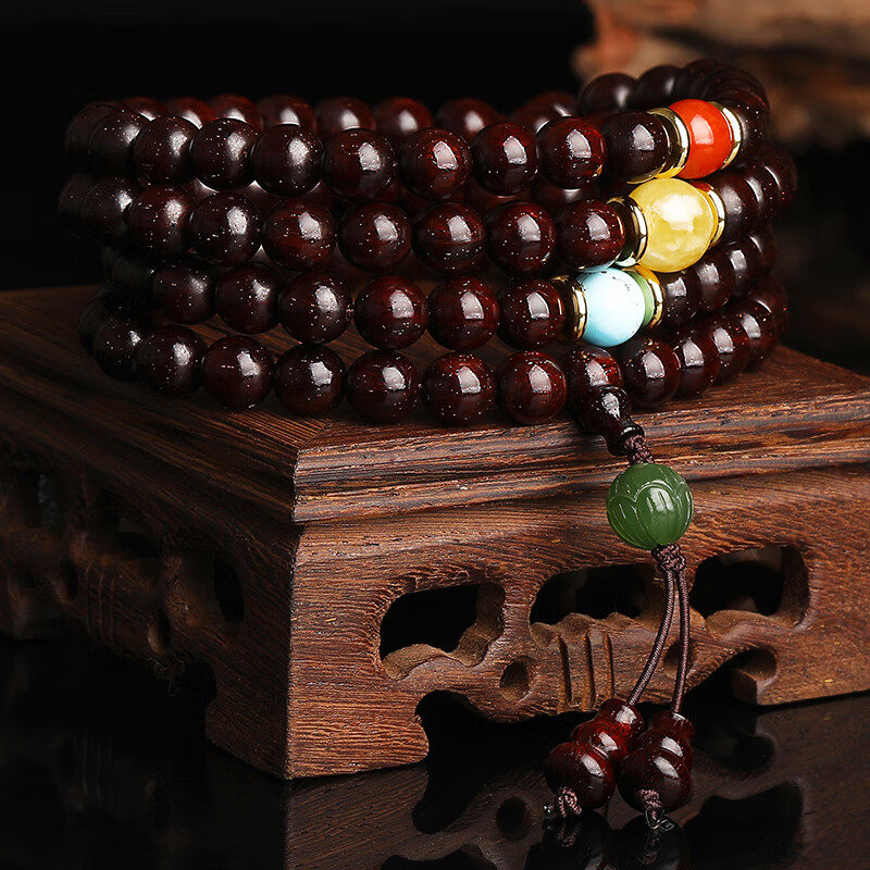 妍韵珠宝 8mm多金星印度小叶紫檀手串绿松石蜜蜡南红玛瑙男女手链
