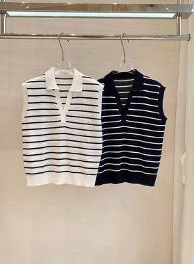 26年夏季新款V领条纹无袖Polo领针织衫上衣白色休闲黑白春夏翻领