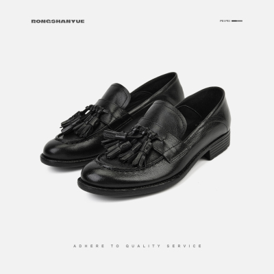 Rongshanyue流苏乐福鞋26新款一脚蹬平底磨砂牛皮休闲单鞋女B1583