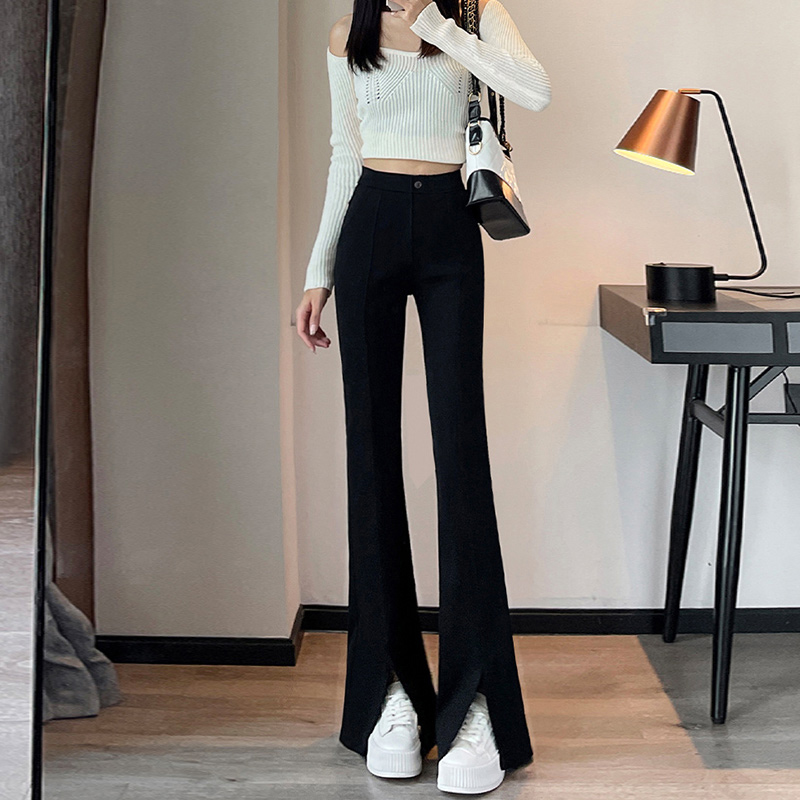 开叉微喇叭裤子女夏薄款冰丝高腰垂感显瘦小个子黑色开衩西装裤