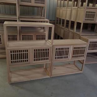 老榆木禅意新中式餐边柜白茬坯茶柜组合原木边柜实木置物架高低柜