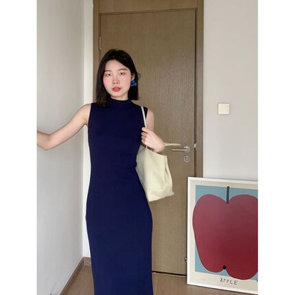 新中式连衣裙女夏气质优雅高级半高领修身显瘦小个子针织包臀裙