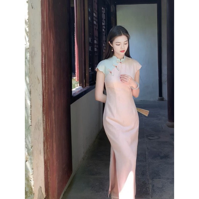 春棠新中式撞色改良旗袍女春夏旗袍领收腰开叉高级感连衣裙