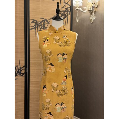 小唐人春夏新款无袖黄色仕女图显白温柔可爱气质修身旗袍连衣裙