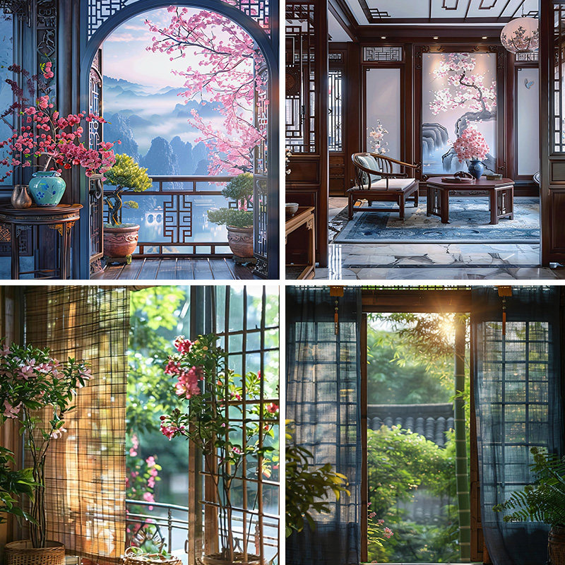新中式古风直播背景布3d立体高级感网红拍照区壁纸画直播间场景布置