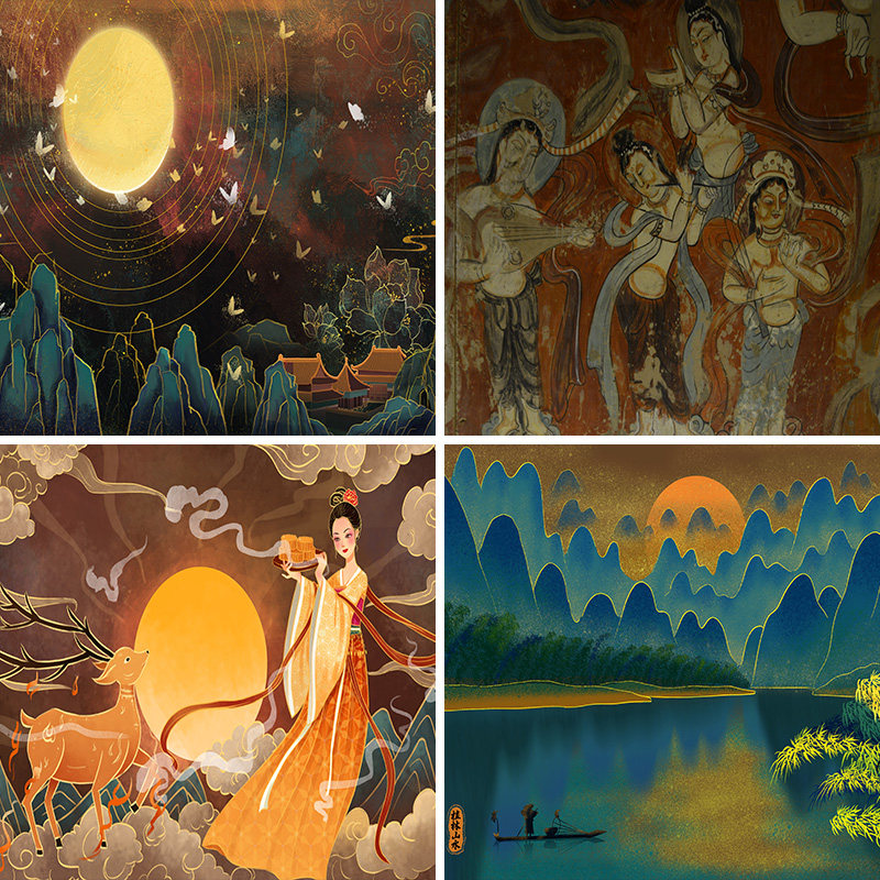 敦煌壁画直播背景布3d立体背景墙莫高窟直播背景布3d立体壁纸画直