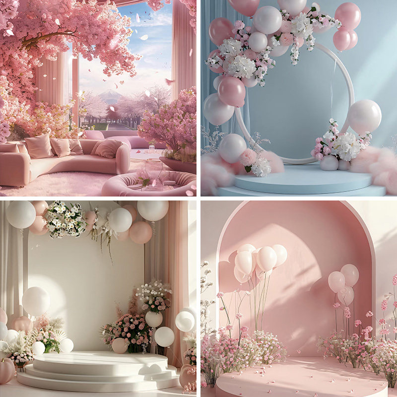粉色节日直播拍情人节简约风气球直播背景布3d立体壁纸画直播间场景