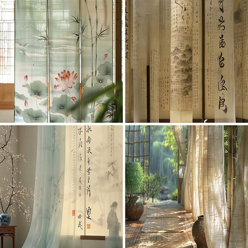 新中式新款2024年古风纱幔庭院风景中国风小屋网红主播背景布3d立体背景墙可定制大尺寸加厚氛围高级感场景