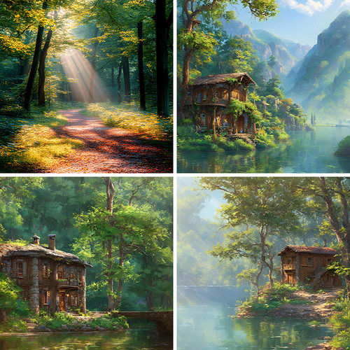 森林油画风景直播背景布3d立体背景墙带货抖音快手喷绘新款加厚高清欧式原始森林摄影背景纸氛围高级感