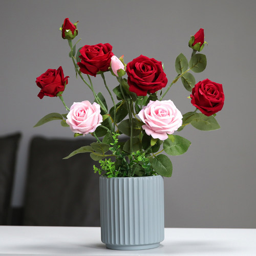 现代玫瑰花彷真花摆件客厅假花干 干燥树枝装饰家居餐桌绢花花艺