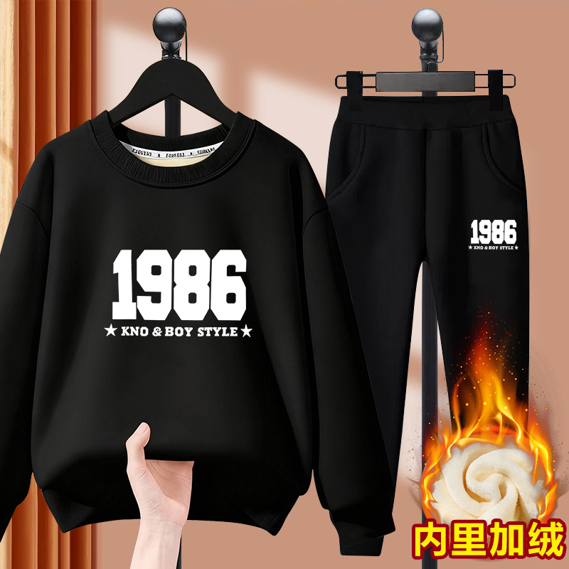 儿童套装2025新款秋冬款印花男童加绒两件套儿童保暖冬季卫衣长裤