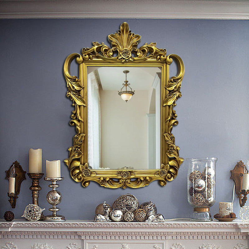 欧式浴室镜复古卫生间镜子壁挂化妆镜法式玄关壁炉雕花装饰镜挂墙