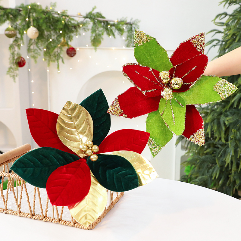 圣诞节礼品绒布仿真花插枝装饰圣诞树场景氛围拍摄道具桌面小摆件 - 封面