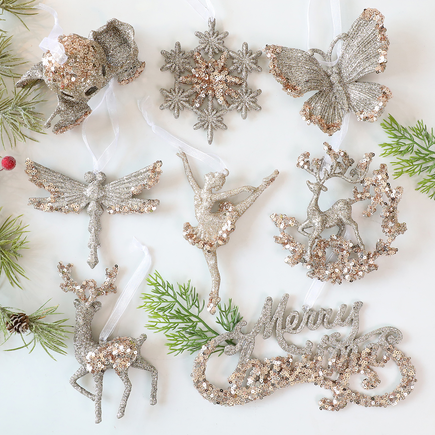 圣诞节装饰品香槟金雪花蝴蝶挂饰