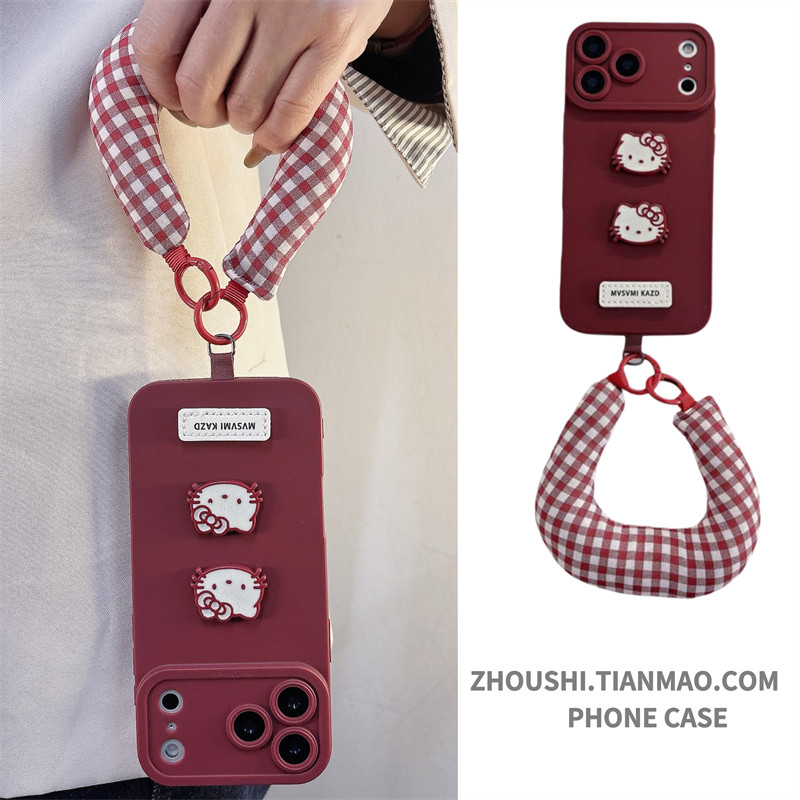 红格纹少女可爱猫咪手提适用一加13/12/11/10手机壳pro新年酒红色1+9/8/7女oneplus新款2V/3V保护套Ace/2/3/5