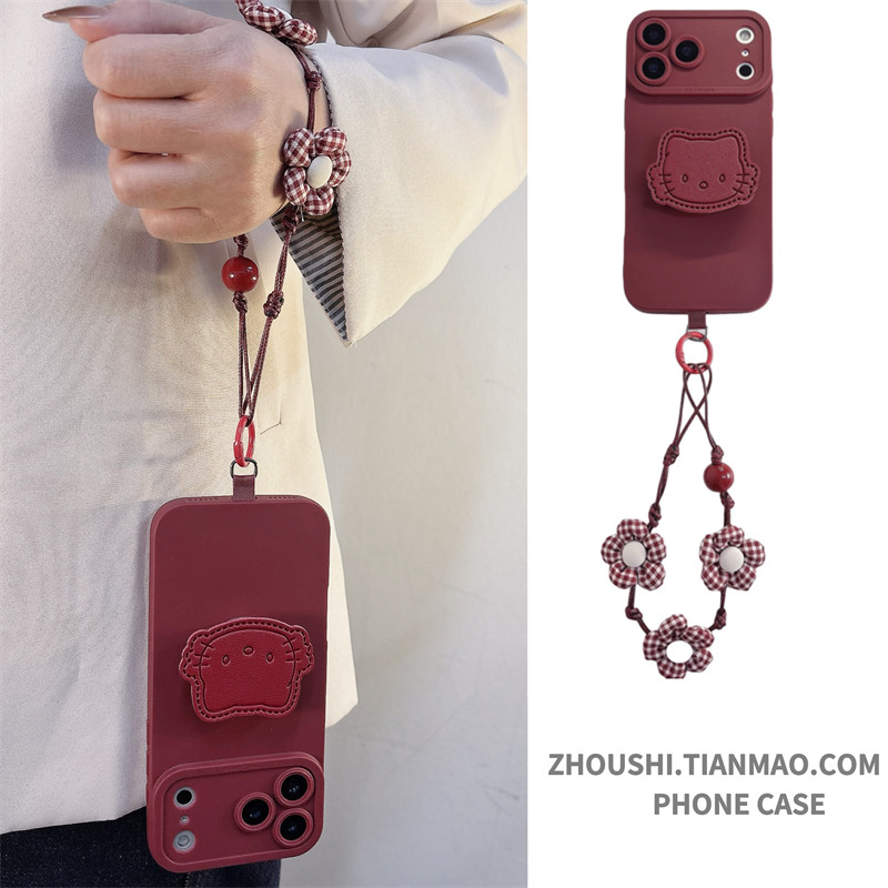 酒红色可爱猫咪支架花花手绳适用opporeno14手机壳reno13/12/11pro新款reno10女findx9/8高级感A6保护套A5/A3