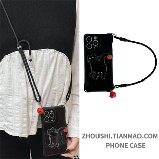 黑色猫咪支架简约大气铃铛手绳适用华为mate60/50手机壳40/30挂脖绳nova12/11/10/9Pro新款P60女款P70小众p80
