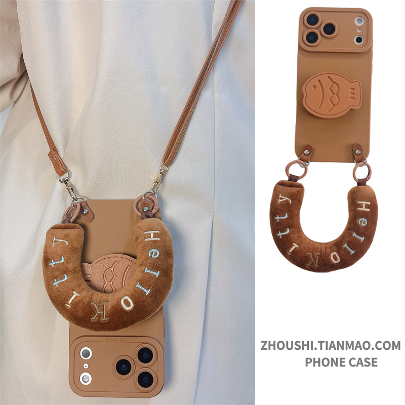 棕色毛绒腕带小鱼支架适用opporeno14手机壳reno13/12/11pro软reno10女findx9/8高级感A6斜跨A5/A3保护套新款