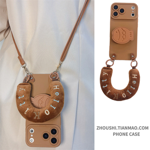 A3保护套新款 棕色毛绒腕带小鱼支架适用opporeno14手机壳reno13 8高级感A6斜跨A5 11pro软reno10女findx9