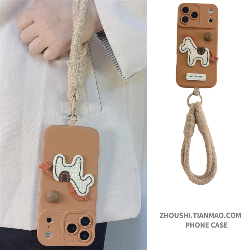 卡其色刺绣编织小马毛绒挂绳适用vivo IQOO neo9/8/7/6/5手机壳pro高级neo9s pro+软z9女新款turbo保护套Z10X