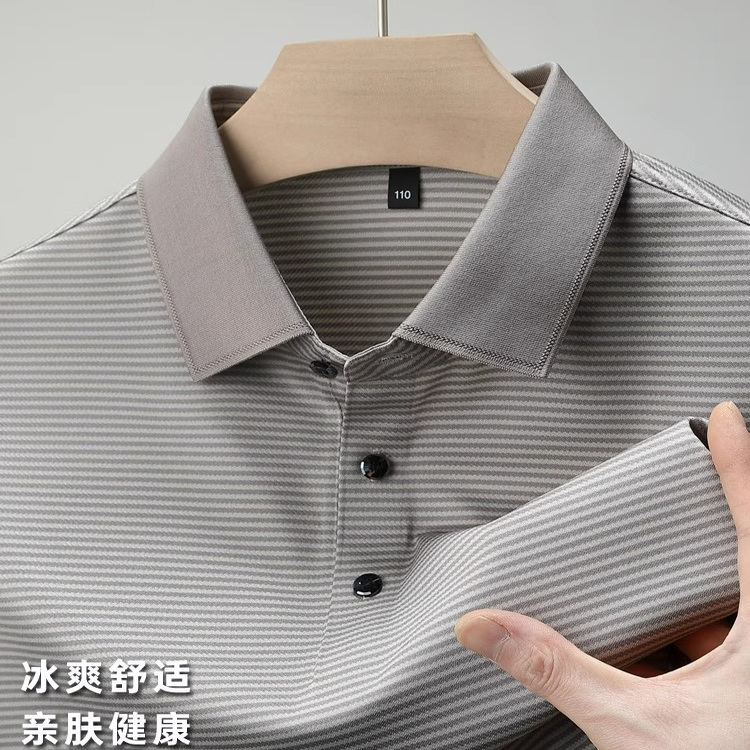 100%桑蚕丝短袖polo衫男鄂尔多斯市商务休闲衬衫领条纹冰丝t恤衫