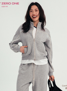 COZY FIT秋季舒适系列棉麻加绒立领短款灰色卫衣女款外套