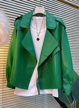 时尚宽松显瘦皮衣女外套2025年秋季新款韩版绿色时尚皮夹克上衣