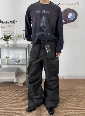 Without Me/Xentric立体多口袋斜纹布水洗做旧脏染阔腿直筒长裤