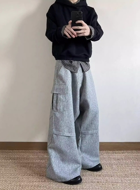 Without Me/Gottarelax 24FW麻灰色复合廓形分割吊档打杆弯刀长裤