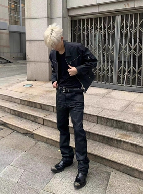 Without Me/SUNINWAVE立体黑胶涂层刷蜡褶皱微弹修身微喇牛仔长裤