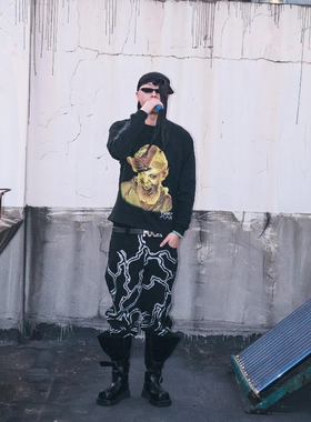 Without Me/JADEGANG25FW蝙蝠人像印花黑色长袖T恤