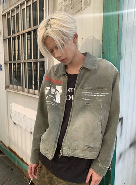 Without Me/ERD风格Vintage水洗做旧纯棉印花底特律拉链夹克外套