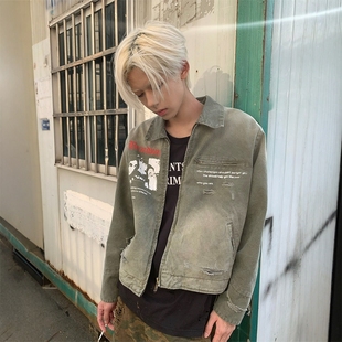 Vintage水洗做旧纯棉印花底特律拉链夹克外套 ERD风格 Without