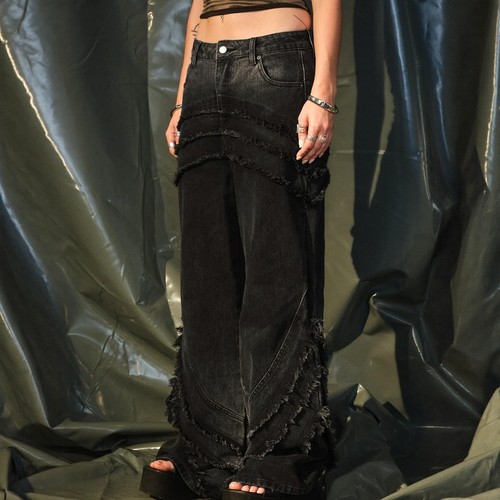 微喇牛仔裤低腰小众设计长裤