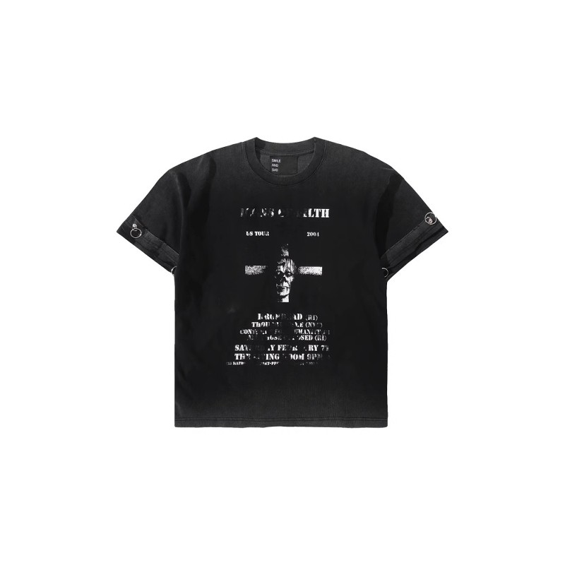 暗黑贴布铁环水洗做旧短袖