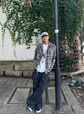 Without Me/Pocket cargo pants 黑灰色立体口袋微喇工装长裤