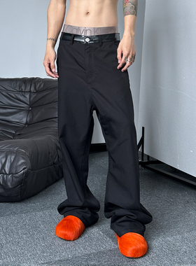 Without Me/BRG黑色A字型宽松直筒阔腿拼皮休闲长裤男女通勤西裤