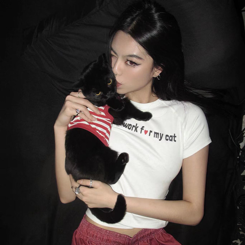 Without Me/AXYPAGES 修身高弹力复古短袖T恤百搭字母可爱上衣女