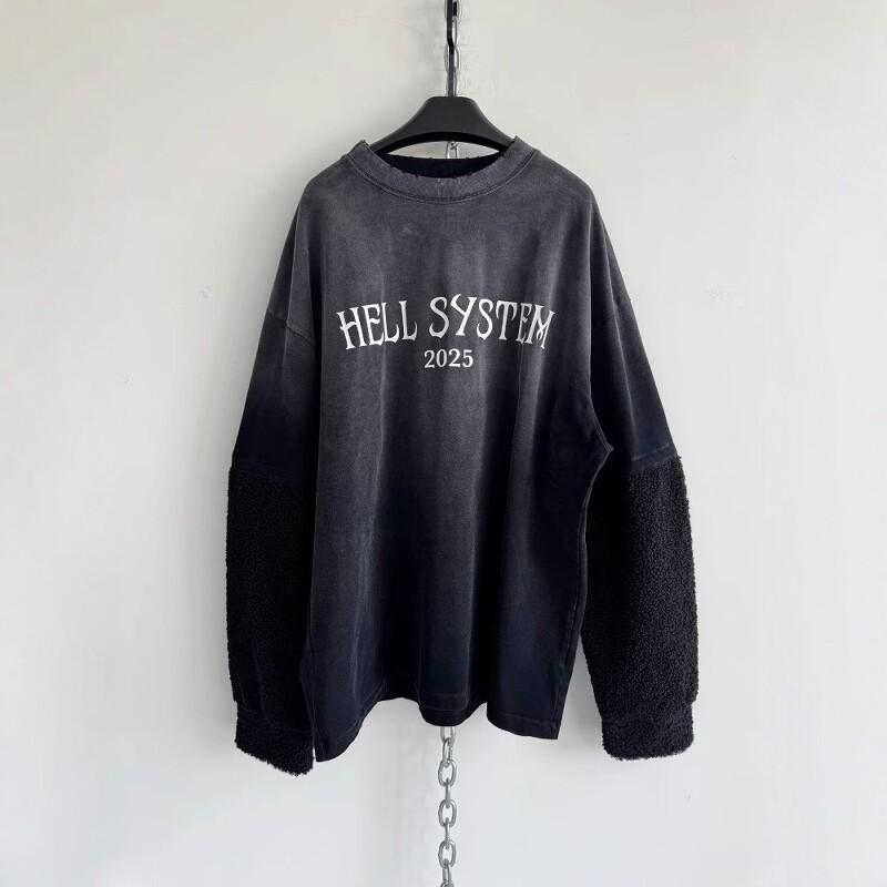 Without Me/Hell System 280g水洗磨破喷染拼接摇粒绒宽松长袖