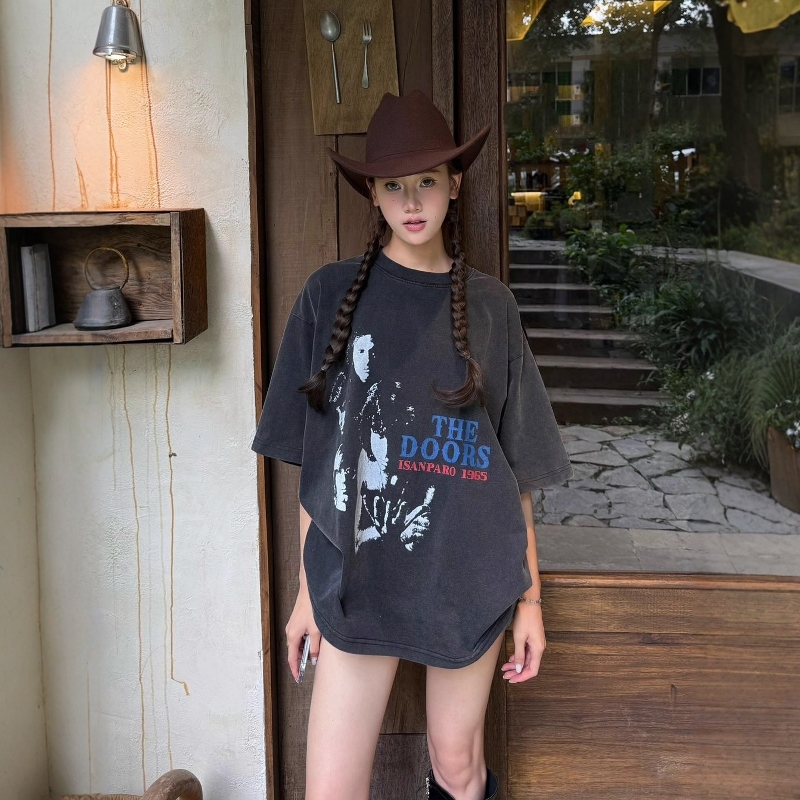 水洗灰大门乐队小领口纯棉短袖