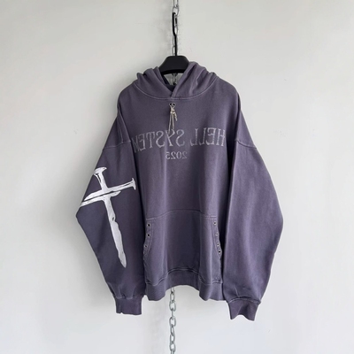 380g纯棉水洗做旧铆钉金属帽衫