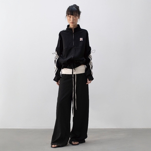 淑女白色弹力拼接腰头中腰阔腿直筒西装 Without NOP 裤